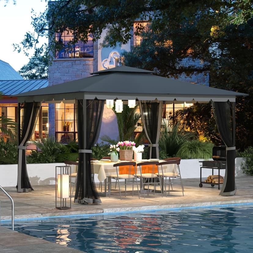 [Upgraded] 10x12 Gazebo with Mosquito Netting,Sturdy Metal Outdoor Patio Gazebo[Heavy Duty Frame],Canopy Tent with Dual Air Roof,Patio Canopy Tent,Waterproof/Wind Resistant for Deck Poolside Garden