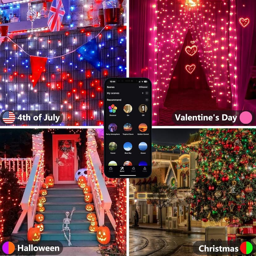 Red White and Blue String Lights, Color Changing Smart RGB Christmas Lights with Remote & App Control & Timer, Music Sync Multiple Modes 66ft 200 LED Twinkle Light Indoor Outdoor for 4th of July Decor