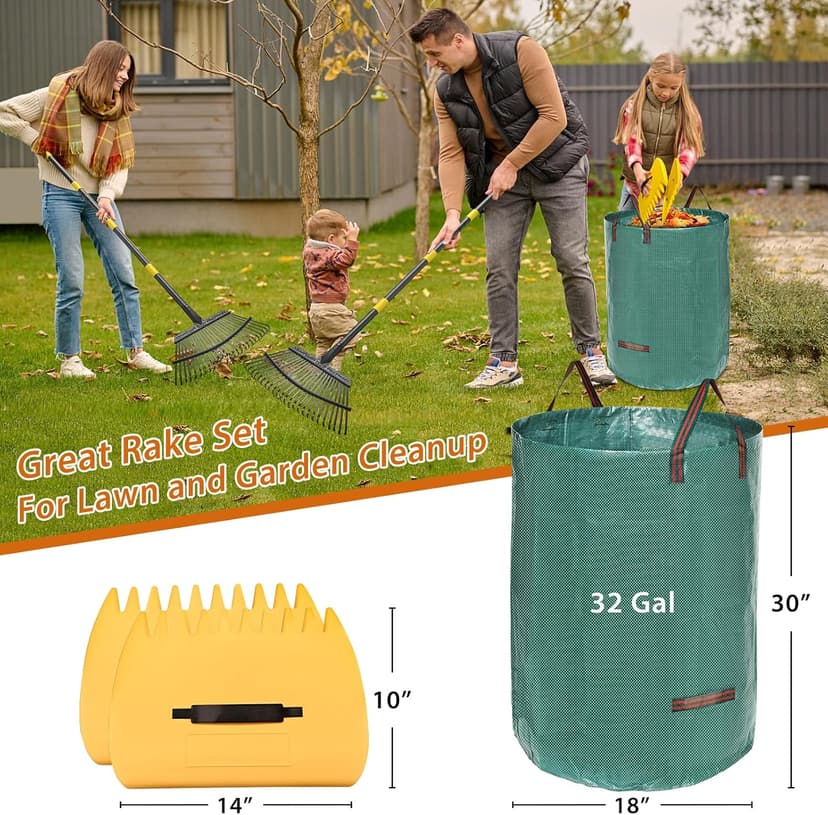 Rake,65 Inch Garden Leaf Rake Set, Wide Heavy Duty Leaves Raking Tools with 25 Metal Tines, 32 Gallon Leaf Bags and Scoops, Yard Garden Thatching Rakes for Lawn Flower Bed Grass Mulch Shrub
