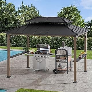 Sunjoy Wooden Grill Gazebo, 8 x 12 ft. Steel Hardtop Gazebo with Solar Power for Year-Round Grilling - 2 Full Size Grills, Griddles or Smokers - Outdoor Cooking Shelter for Backyard BBQs Party, Brown