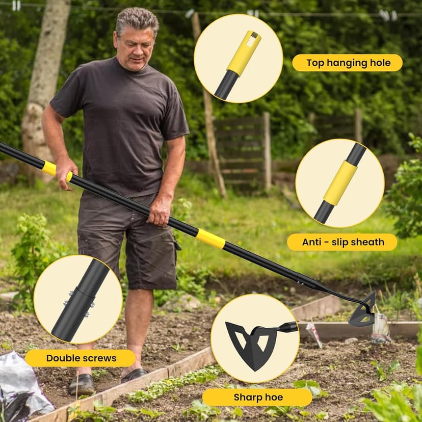 Hoe Garden Tools, 41.3 to 55.5 Inch Weeder Tool for Yard Long Handle, Garden Weeding Tool with Sharp Hoe and Comfort Grip for Loosening Soil, Weeding, Digging Trenches Gardening Tools