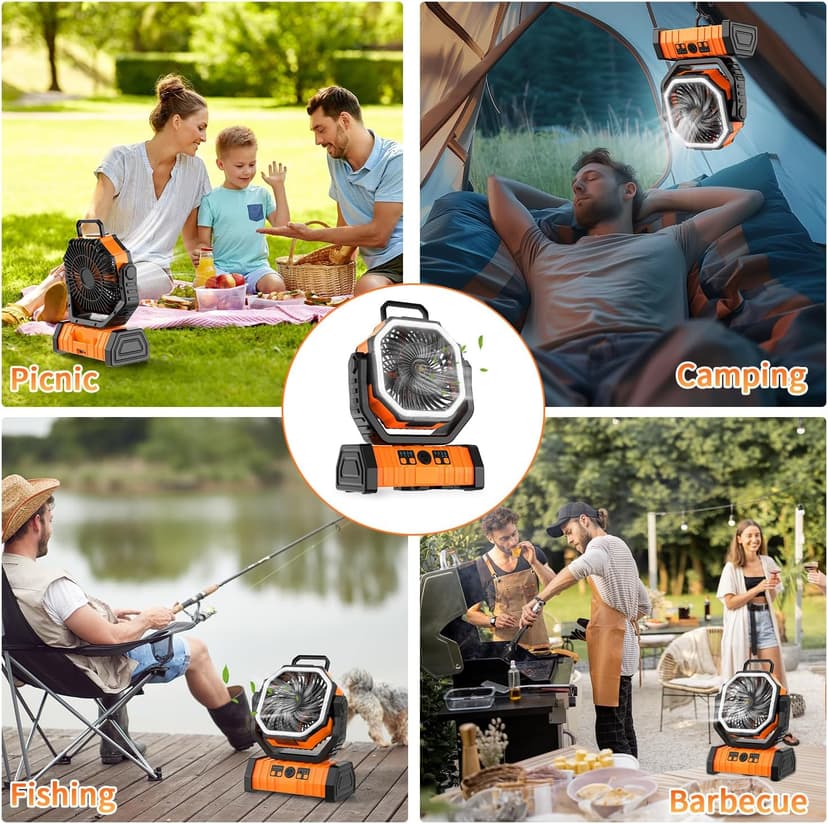 Camping Fan Rechargeable, 20000mAh Large Battery Powered Fan, 4Speed Rechargeable Fan Portable with Remote, Battery Operated Fans with LED Light and Hanging Hook, Cordless Fans for Tent Picnic Outdoor
