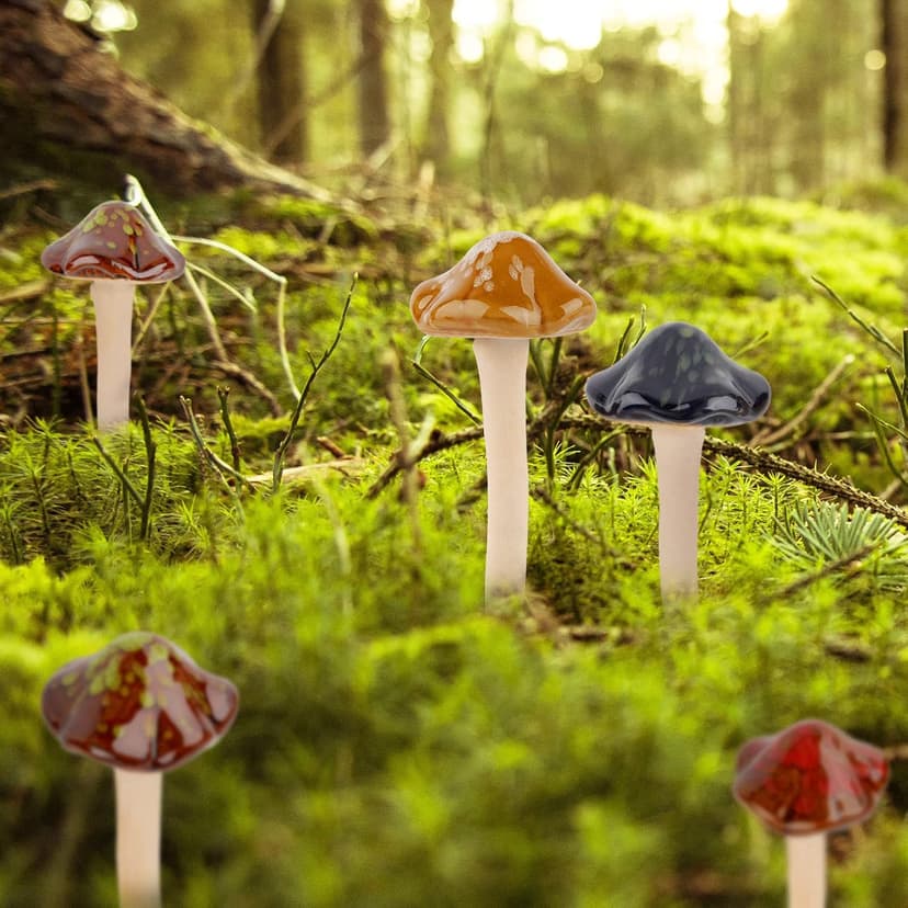 8Pcs Ceramic Garden Mushrooms Figurine Decorative Plants Stakes Accessories Lawn Ornaments Statue for Outdoor (Random Color) (Blooming-1)