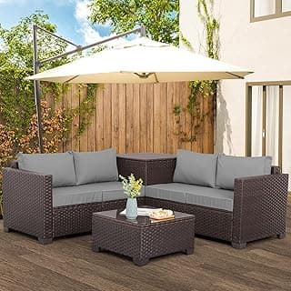 Valita Patio Furniture Set 4 Pieces Outdoor Brown Rattan Sectional Conversation Sofa Chair, Storage Box, Coffee Table,with No-Slip Cushions and Waterproof Covers, Grey