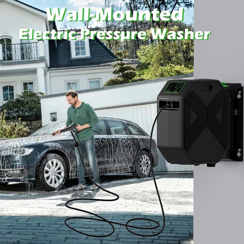 Wall Mounted Pressure Washer, 5200 PSI 3.6 GPM Electric Pressure Washer, Power Washer with 100FT Retractable Hose, GFCI Power Cord, Foam Cannon, 5-Nozzles for Car, Garage, Fence, Patio