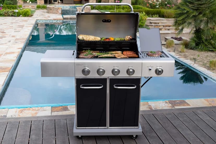 Kenmore 4-Burner BBQ Gas Grill with Searing Side Burner, Propane Grill, 52,000 BTUs, Warming Rack, Electronic Ignition & Cast Iron Cooking Grates, Black/Stainless Steel