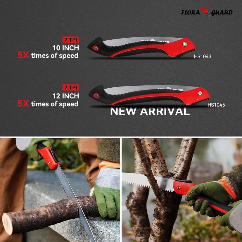 FLORA GUARD 10-Inch Folding Hand Saw, Heavy Duty Pruning Saw with Multi-Level Razer Teeth for Wood Cutting, Tree Trimming, Professional Camping Gardening Tools (Red-10")