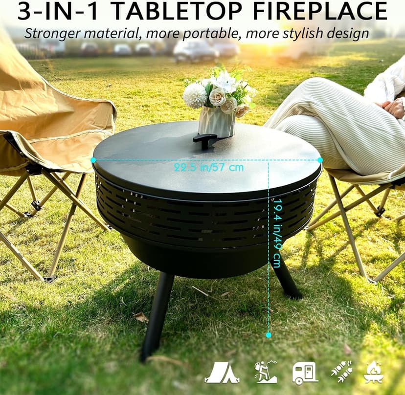 3-in-1 Fire Pit with Grill & Lid, 23" Outdoor Fire Pit Table, Cast Iron Wood Burning Firepit, Heavy Duty Fire Bowl for Outside Patio, Backyard Fireplaces, Large BBQ Pit Table with Fire Poker