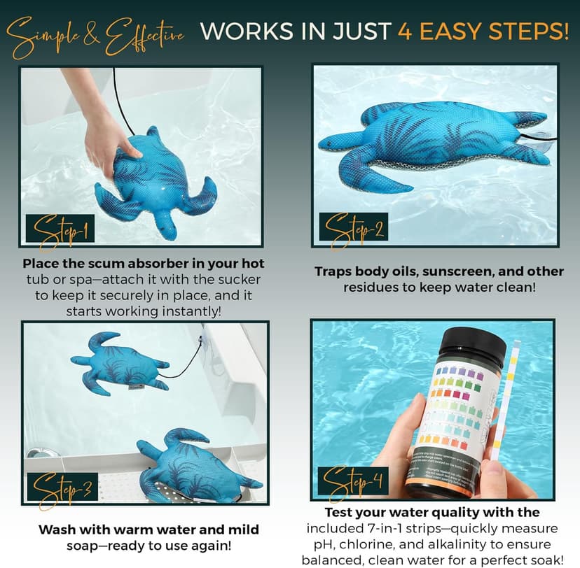 Hot Tub Scum Absorber Turtle ScumGuard Mesh - 2-Pack Oil & Scum Absorber for Spa, Hot Tub & Pool - Keeps Water Clear - Includes 100 x Hot Tub Test Strips & 2 Washable Turtle Absorbers