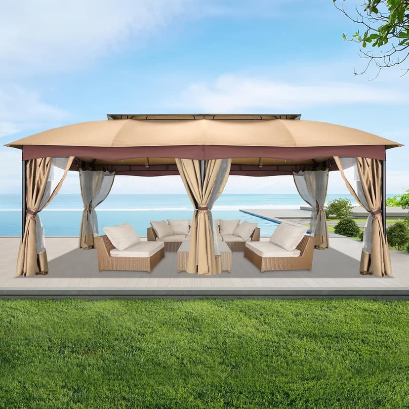 HOTEEL Gazebo 12x20, Outdoor Gazebo on Clearance with Double Ventilated Arc Roof, Privacy Curtains & Mosquito Netting, Easy Set up Canopy Tent with Stable Metal Frame for Patio, Khaki (Upgraded 2.0)