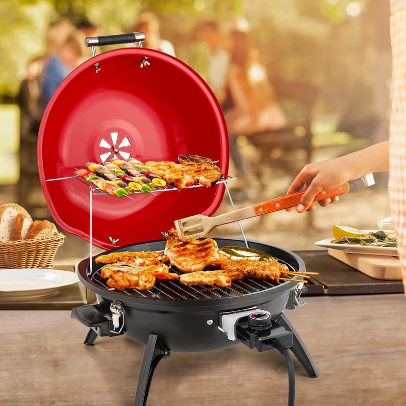 ROVSUN Tabletop Electric Grill with Temperature Control, Double Layer Design, 304 stainless, Portable Removable -Perfect Small Stove for Indoor and Outdoor BBQ, 1600W, Red