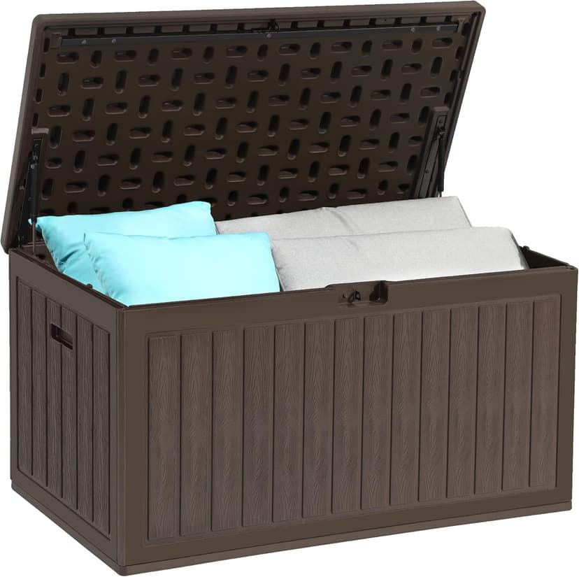 YITAHOME 90 Gallon Large Deck Box, Double-Wall Resin Outdoor Storage Boxes, Deck Storage for Patio Furniture, Cushions, Pool Float, Garden Tools, Lockable & Waterproof (Brown)