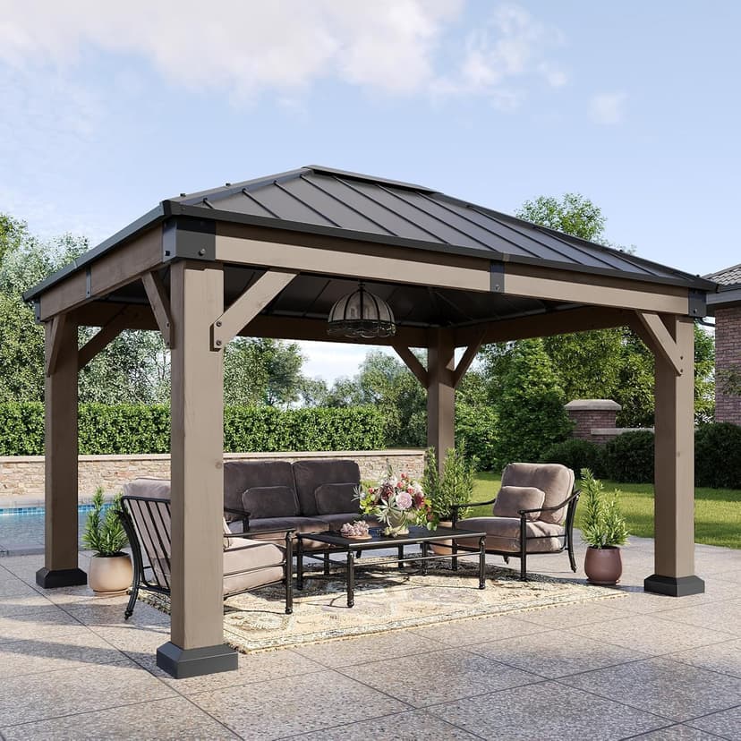 Aoxun 10' x 12' Outdoor Wood Gazebo, Hardtop Gazebo Permanent Wooden Pavilion with Galvanized Steel Roof, for Patio, Garden, Deck, Cedar Wood