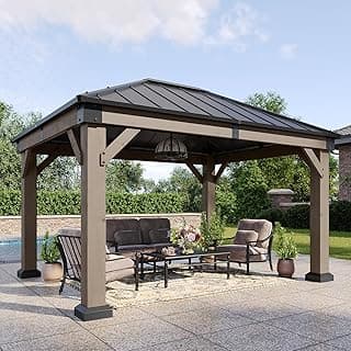 Aoxun 10' x 12' Outdoor Wood Gazebo, Hardtop Gazebo Permanent Wooden Pavilion with Galvanized Steel Roof, for Patio, Garden, Deck, Cedar Wood