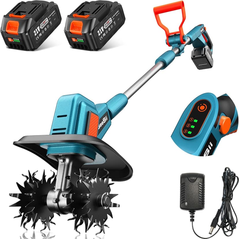 Seesii Electric Tiller for Gardening 300 RPM Rototiller Cordless Cultivator Total 8000mAh Battery Powered Garden Tiller 4 Pcs Blades for Smooth Tilling&Cleaning, Handheld Tiller for Raised Garden Beds
