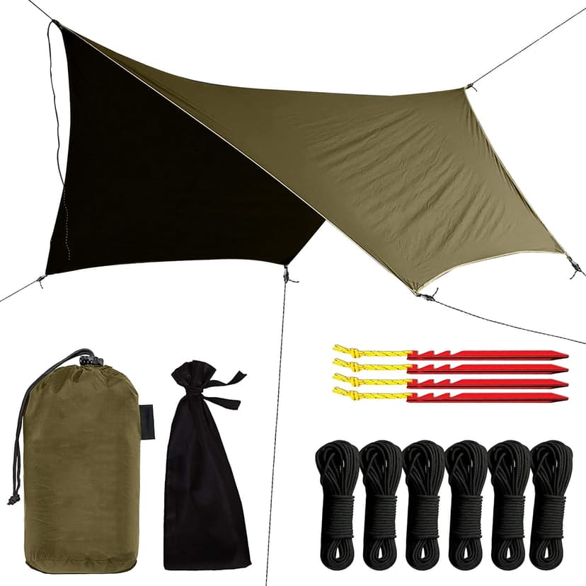 Rain Fly Tarp | Waterproof Tent Shelter Canopy | Lightweight Easy Setup for Hammock, Backpacking or Camp Gear | Premium Quality 12 x 9 ft |, Green Army