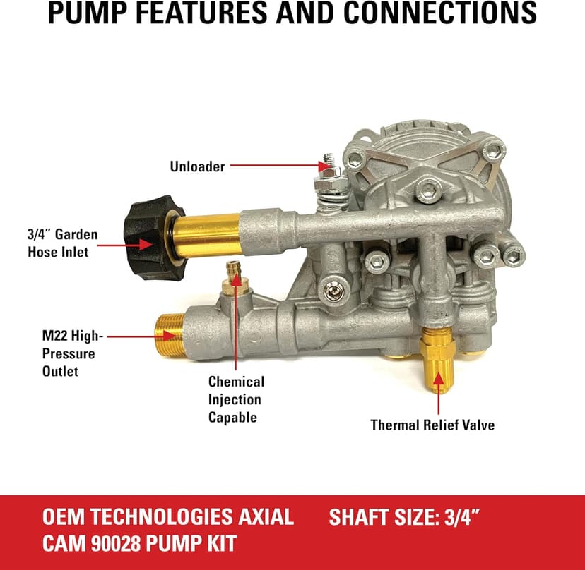 OEM Technologies 90028 Horizontal Axial Cam Replacement Pressure Washer Pump Kit, 3300 PSI, 2.4 GPM, 3/4" Shaft, Includes Hardware and Siphon Tube, for Residential and Industrial Gas Powered Machines, Silver