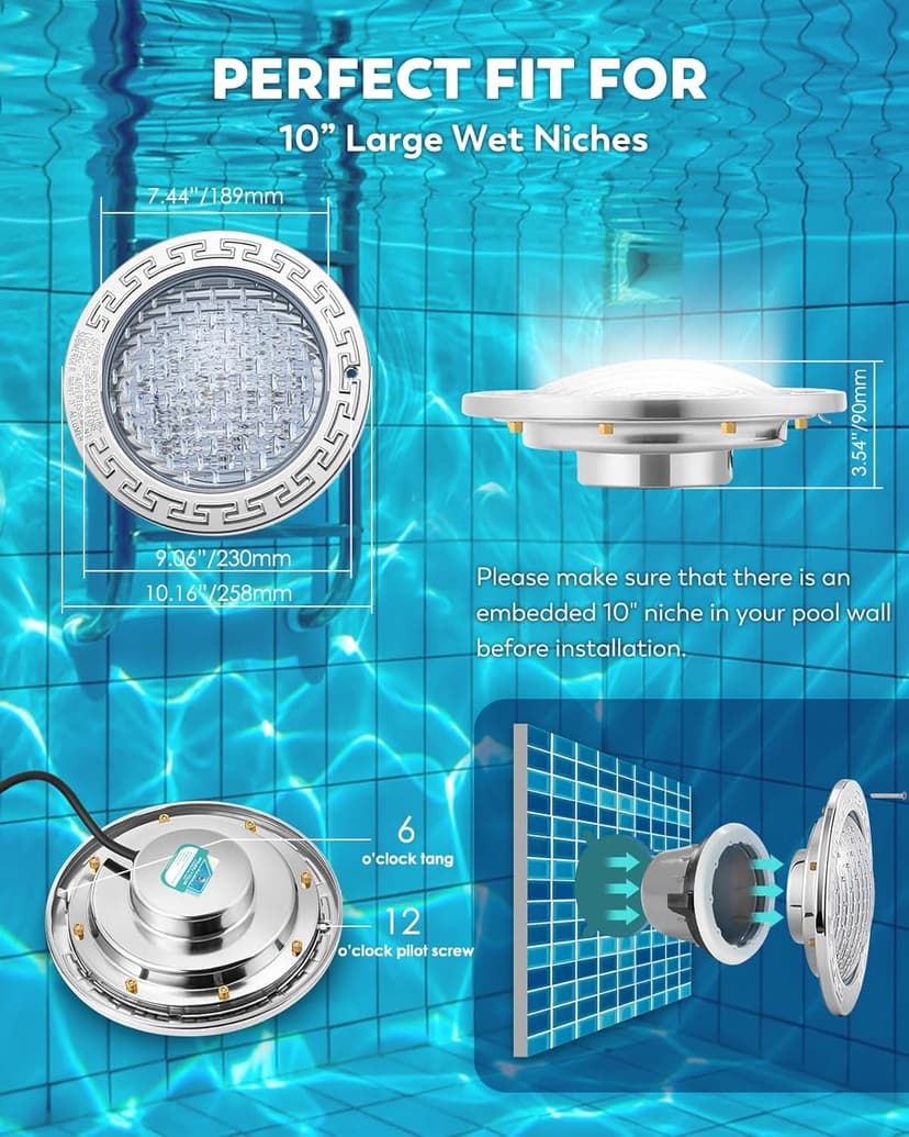 10" LED Pool Light, 12V AC Underwater Pool Spa Lights for Inground Pools, 300W Equivalent, Static Colors & Dynamic Effects, 50Ft Cord, Remote, Transformer, Fits Pentair, Hayward, Jady Niches