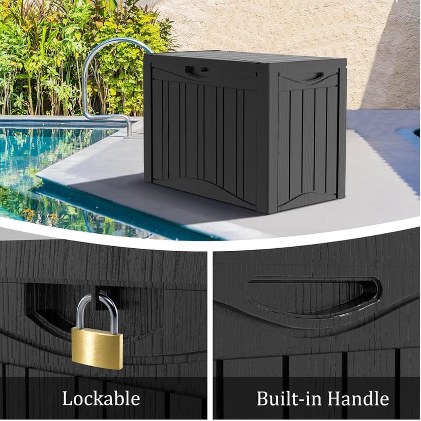 45 Gallon Heavy Duty Outdoor Deck Box with Lockable Lid, All Weather Waterproof Storage for Patio Cushions, Pool Toys, Garden Tools - Rust-Proof Resin Design (Black)