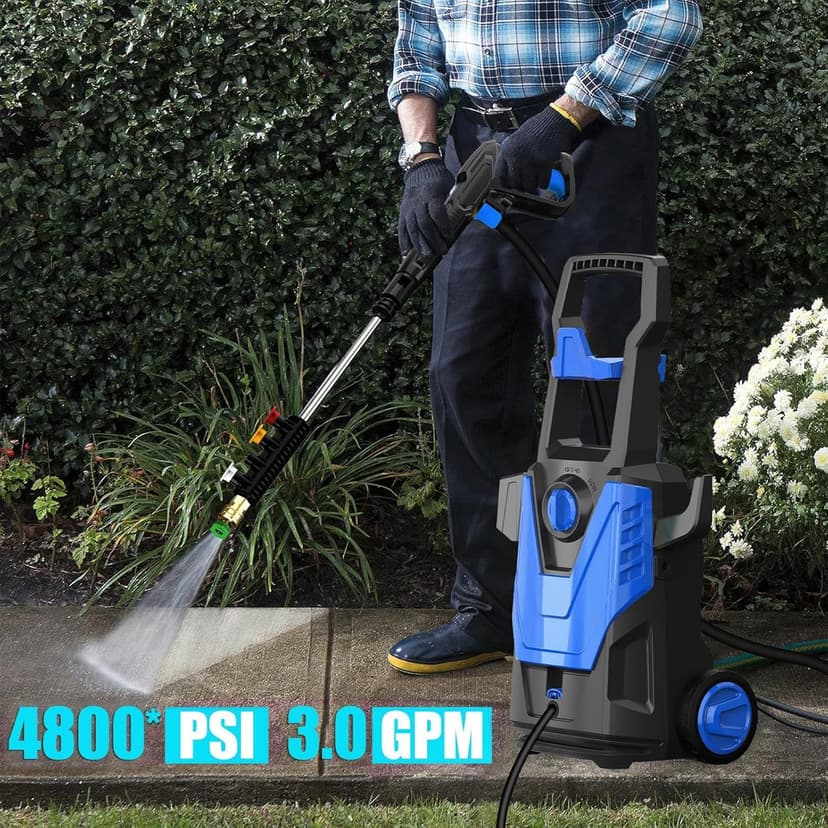 Electric Pressure Washer, 4800PSI Max 3.0GPM Power Washer Electric Powered with 20FT Hose, 35FT Power Cord, 4 Nozzles Foam Cannon High Pressure Washer for Car Patio Garden Fences(Bule)