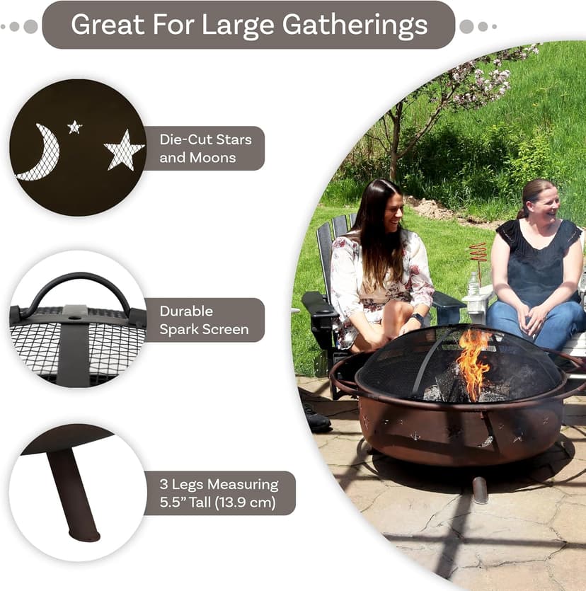 Sunnydaze Cosmic 42-Inch Large Outdoor Fire Pit - Wood-Burning Fire Pit with Round Spark Screen, Poker, and Built-in Grate
