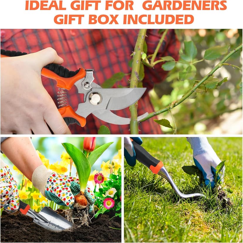 Garden Tools Set, Updated 3 PCS Heavy Duty Gardening Kit - Hand Shovel/Trowel, Manual Weeder and Sharp Bypass Pruning Shears/Scissors/Clippers with Bigger Ergonomic Handle, Ideal Gift