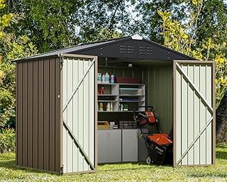 Greesum Outdoor Storage Shed 6 x 8 ft. Utility Tool Shed Metal Storage Garden Shed with Door & Lock for Patio Storage, Brown