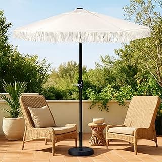 Boho Patio Umbrella with Fringe Outdoor Small Table Market Umbrella For Shade, Push Button Tilt, Easy Crank, UV Resistant, 6ft
