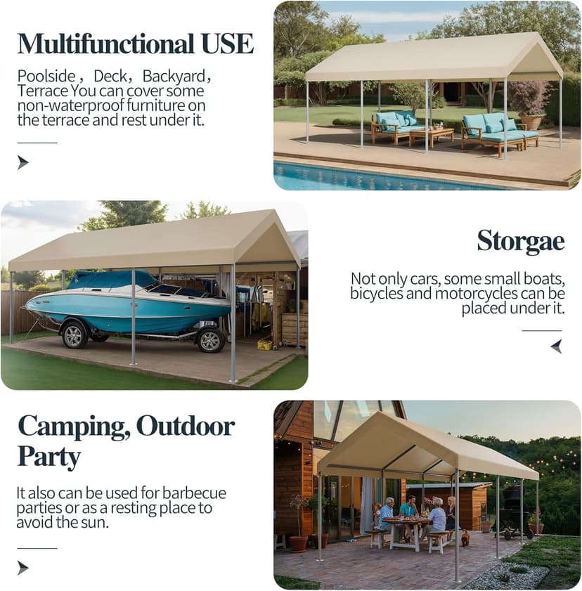 Shintenchi 10x20ft Heavy Duty Carport with UV Resistant Canopy, Powder-Coated Steel Frame, Easy to Assemble Portable Garage, Stable Carport for Car, Bike, Camp, Outdoor Storage (Khaki)