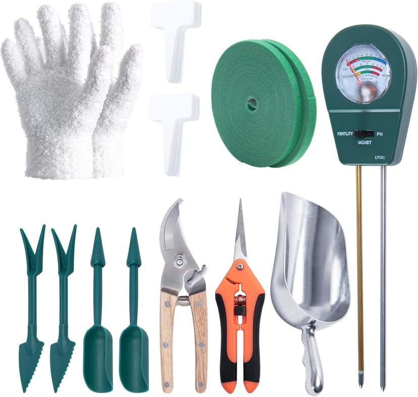 Indoor Houseplant Care Kit – Complete Indoor Plant Maintenance Set with Pruning Shears, Soil Scoop, Dibber Tool, Leaf Cleaning Glove, Soil Moisture Meter, Plant Labels, and Tie Tape for Potted Plants