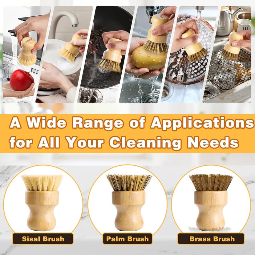 Bamboo Dish Brush Set, 3 Pcs Wooden Scrubber, Brass Brush and Pot Brush with Sisal and Palm for Cleaning Vegetables, Pots and Ovens