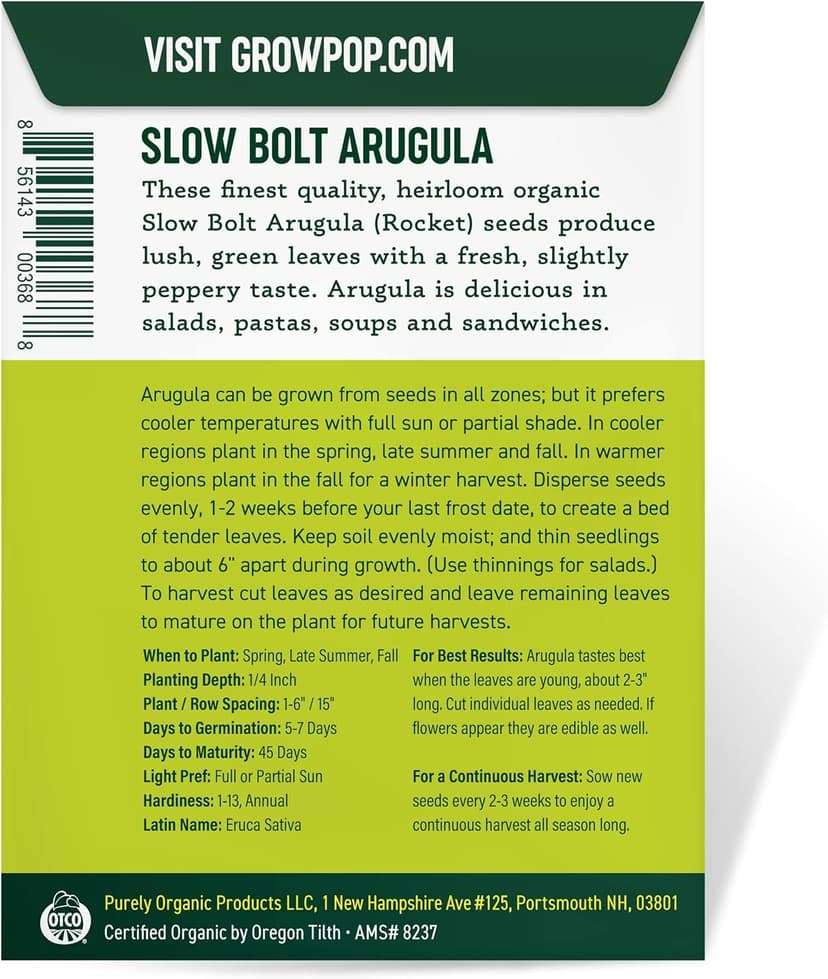 Purely Organic Arugula Seeds (Slow Bolt) - Approx 400 Seeds - USDA Organic, Non-GMO, Open Pollinated, Heirloom, USA Origin