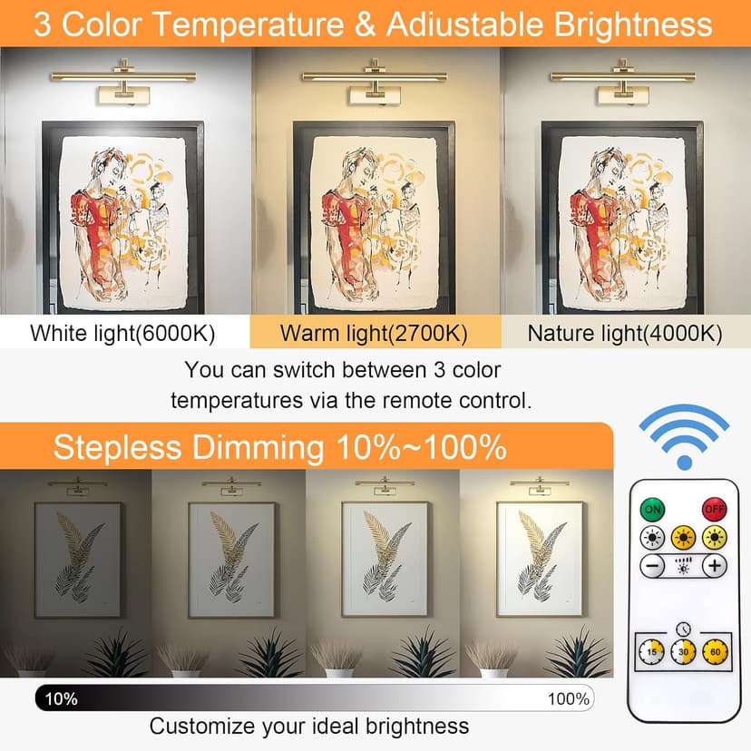 Wireless Picture Lights for Wall Rechargeable, Battery Operated Art Light for Paintings, 3CCT Dimmable, 15.7" Brass Finish with Remote, Rotatable Gallery Light for Pictures Display