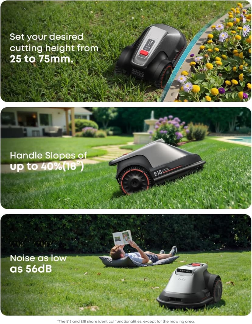 eufy Robot Lawn Mower E15, No Wire, No RTK, No Signal Issue, Hands-Free Auto Mapping, Precise Obstacle Avoiding, Reliable Lawn Maintenance, Worry-Free Experience