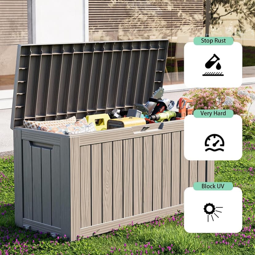 ROJIK Outdoor Storage Housing Deck Box - Waterproof Patio Furniture, Garden Tools, Cushions, Pool Accessories Storage Bench with Lockable Lid and Side Handles (Grey 75 Gal)