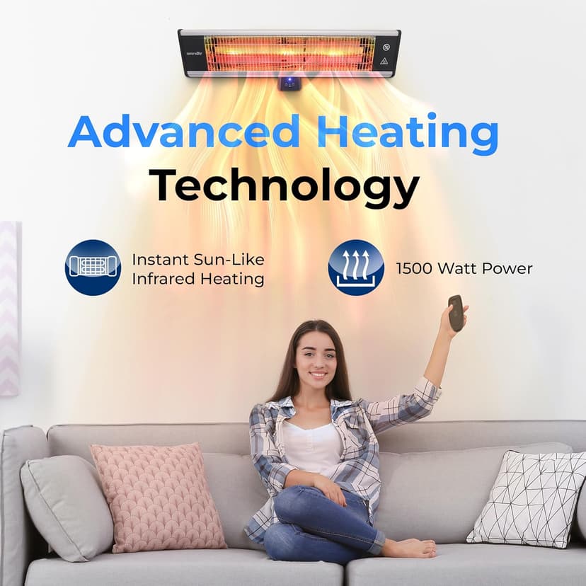 SereneLife Infrared Patio Heater, Wall-Mounted Electric Heater with Remote Control, 1500W, IP65 Approved, Odorless, Indoor/Outdoor for Patio, Restaurant, Backyard, Garage, Decks