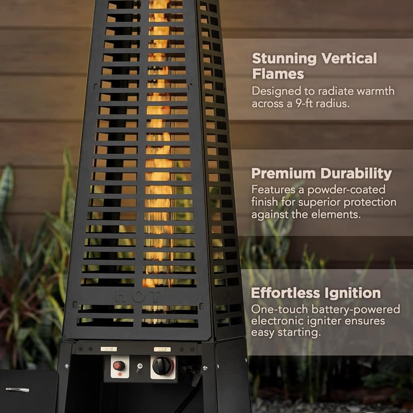 Fire Sense 66991 Pyramid Flame Patio Heater 40,000 BTU Outdoor Propane Heater Tower with Wheels - Black