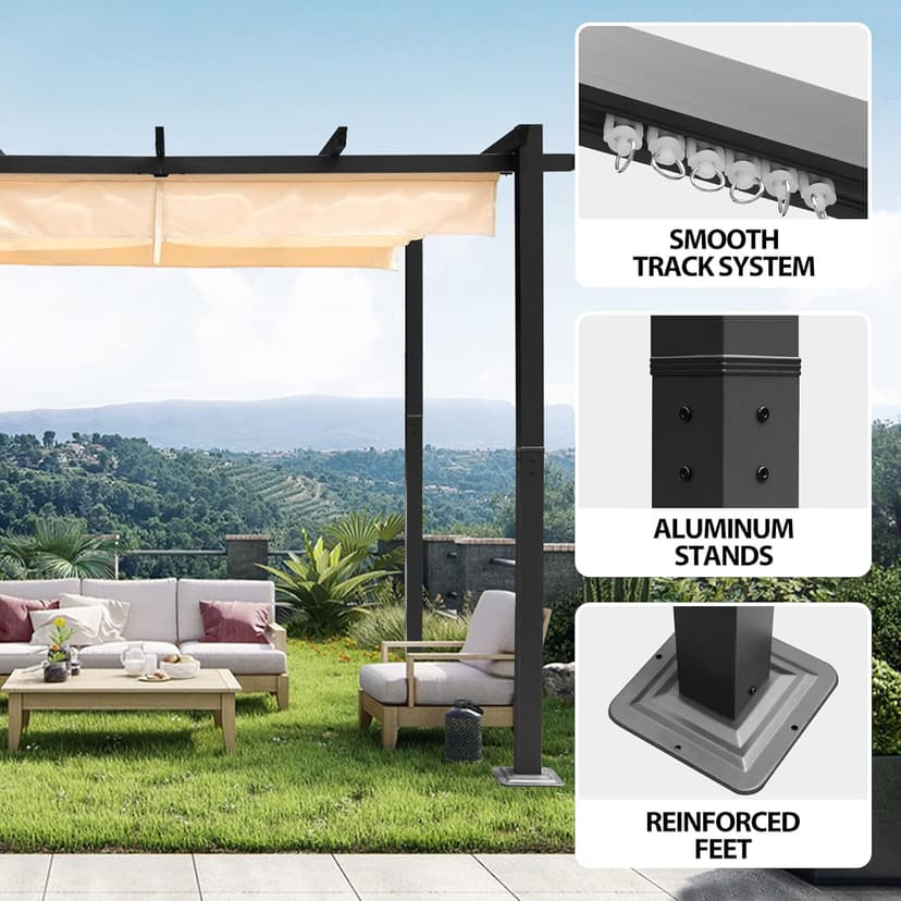 10‘x10’ Louvered Pergola, Retractable with Sun Shade Canopy Patio Pergola, Heavy Duty Aluminum Pergolas for Gardens, Pavilion Grill Gazebo, Backyards and Decks, Grape Trellis (Khaki)