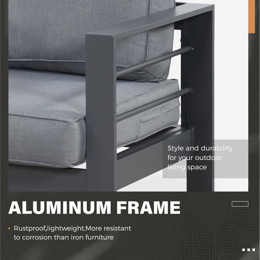 Solaste Aluminum Patio Furniture Set with Fire Pit Table, 7 Seats Metal Outdoor Furniture with Water-Resistant Cushions, Modern Patio Conversation Set for Balcony, Front Porch, and Backyard, Grey
