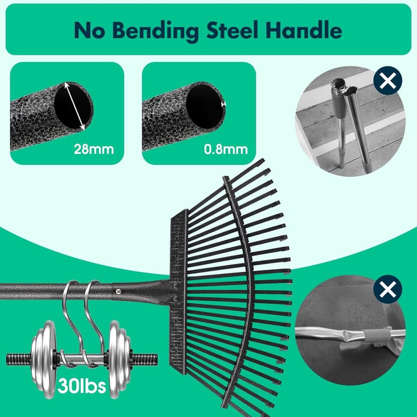 Rake - 65 Inch Long Garden Leaf Rake, 18 Inch Wide Heavy Duty Leaf Rakes for Shrub with 25 Metal Tines,Yard Thatching Rakes with Ergonomics Adjustable Handle for Picking Leaves,Grass Clippings Garbage