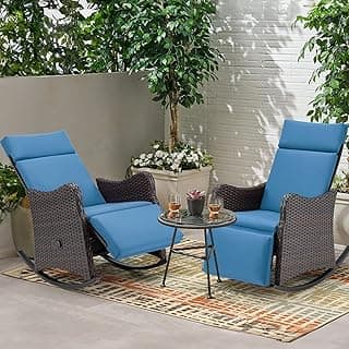 HOMREST Outdoor Recliners for Patio Set of 2, Wicker Rocking Chairs with Extended Footrest, Porch Balcony Lounges with Removable Cushion for Porch Garden,Navy Blue
