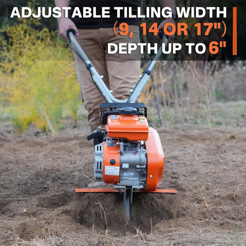 NOVUS 17-Inch Gas Tiller for Gardening, 79cc 4-Cycle Gas Engine, 2-in-1 Front Tine Tiller Cultivator, Toolless Tilling Width Adjustment, Forged Steel Tines, Integrated Transport Wheels