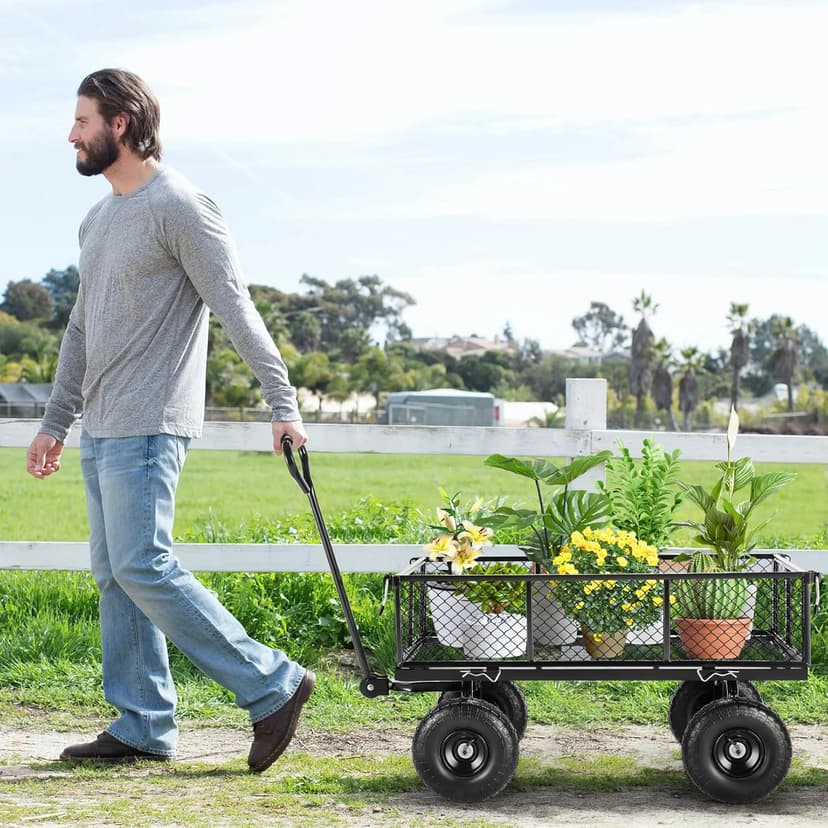 Homdox Steel Garden Cart 680 lbs Capacity Heavy Duty Garden Wagons,with Removable Steel Mesh Sides to Convert into Flatbed,Utility Metal Wagon w/ 180°Rotating Handle (Black, 680lbs)