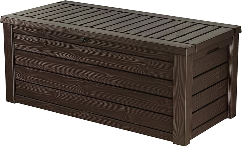 Keter Outdoor Storage Deck Box, 150 Gallon Resin Patio Bin & Bench, Wood Grain, Brown