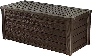 Keter Outdoor Storage Deck Box, 150 Gallon Resin Patio Bin & Bench, Wood Grain, Brown