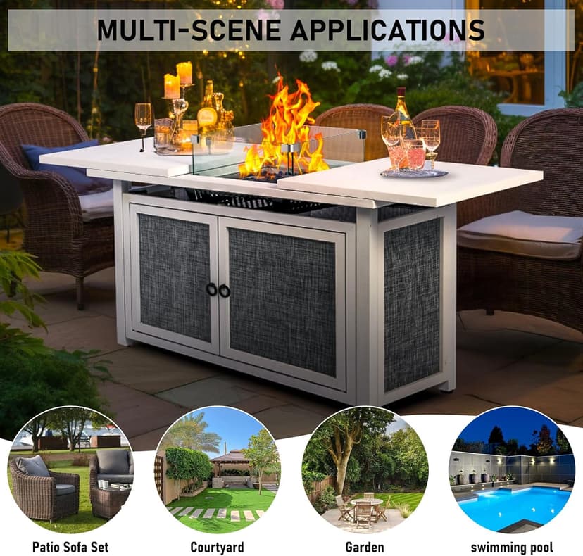42inch Propane Fire Pit Table, Rectangular Gas Firepit Table with Removable Desktop,2 Tier Storage Shelves, Tempered Glass and Rain Cover for Garden, Patio & Backyard (White)