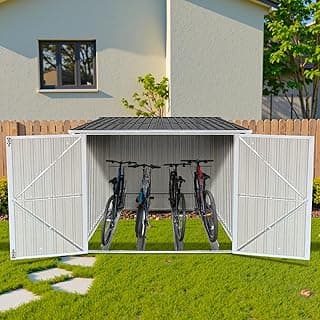 6’ x 6’ Bike Storage Shed, Bicycle Metal Shelter & Garage w/ 4 Rails and Lockable Door, Heavy Duty Bicycle Storage Shed for All Weather, Anthracite with White Trim