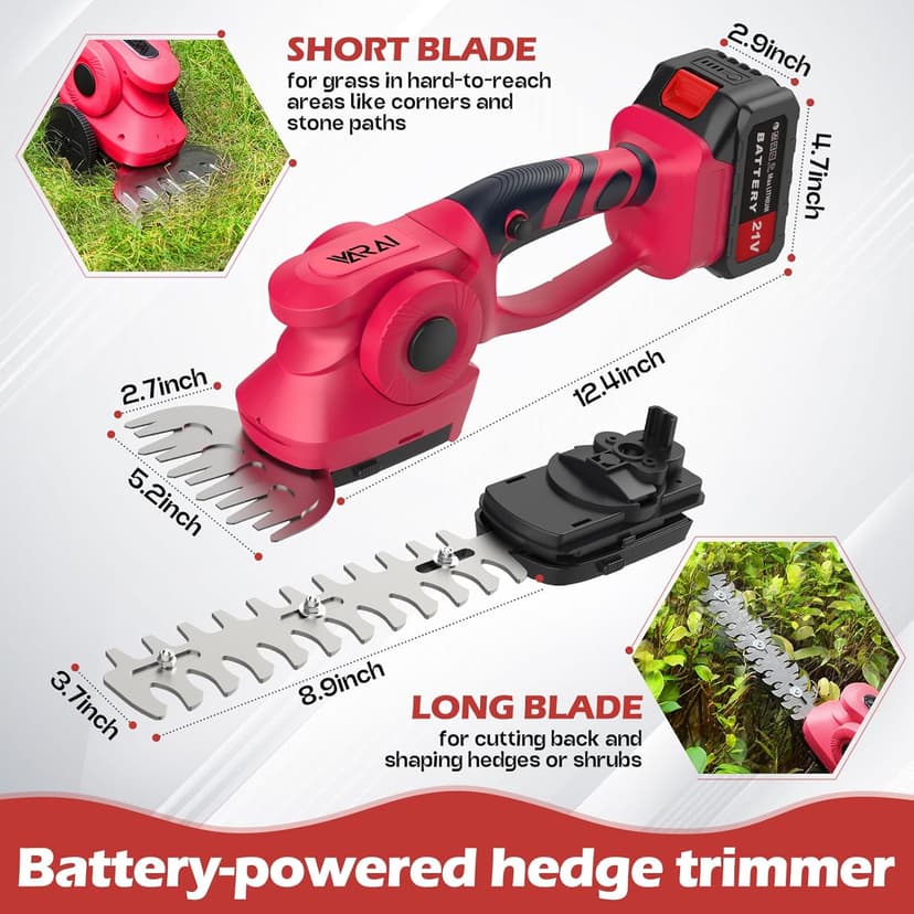 Hedge Trimmer Cordless, 2 in 1 Cordless Hedge Trimmer with 2600mAh Battery*2, High Power and Large Capacity Hedge Shears for Gardens, Patios and Lawns Charger Included