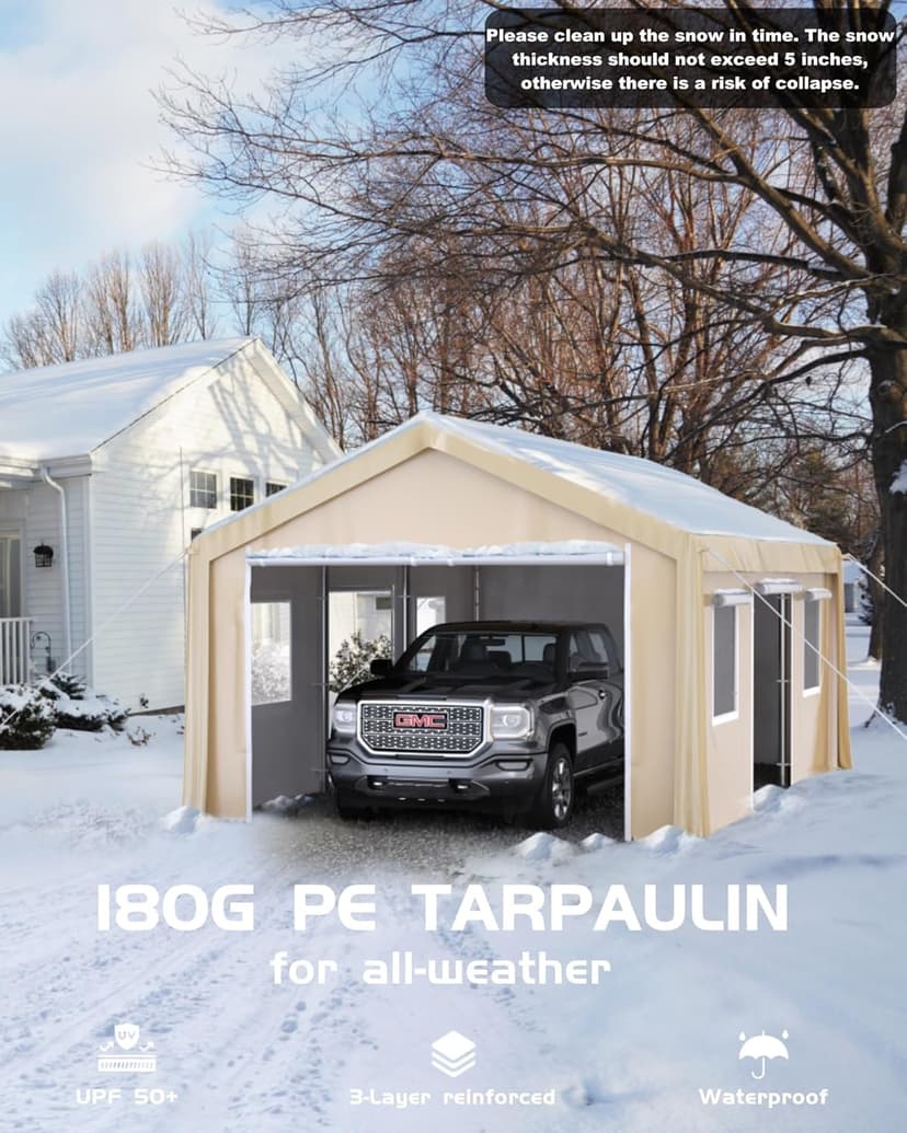 10'x20' Windproof Carport Heavy Duty, Portable Garage with 4 Roll-Up Doors, 4 Mesh Windows, 180g PE Top Cover, and Reinforced Frames, for Full-Size Sedans, Bass Boats, and SUVs, Khaki