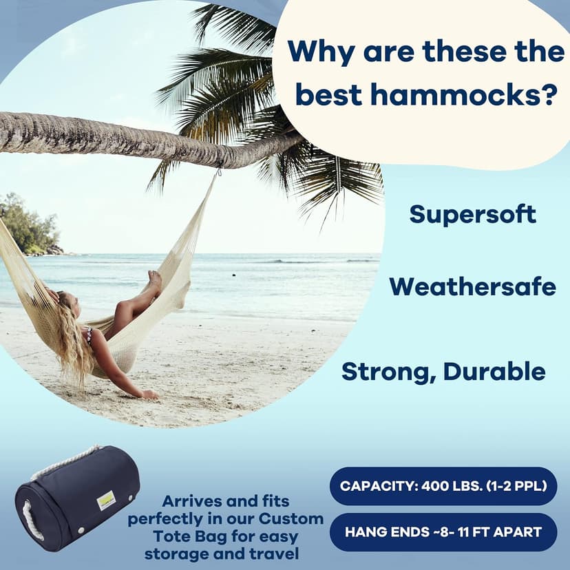 Handwoven Hammock by Yellow Leaf Hammocks - Double Size, Fits 1-2 PPL, 400lb max - Weathersafe, Super Strong, Easy to Hang, Ultra Soft, Artisan Made - Color: Natural Khaki